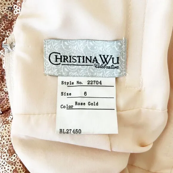 Christina Wu Rose Gold Sequin Dress (6) Bateau Neck Open Back Formal Gown 22704 - Picture 8 of 14